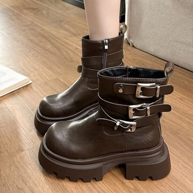 maryanette-Buckled Platform Chunky Heel Short Boots