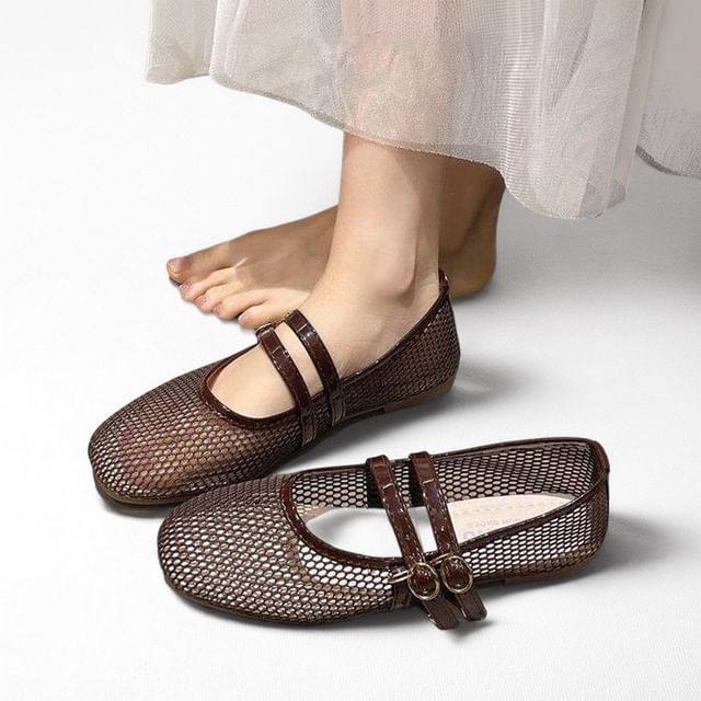 maryanette-Double Strap Mesh Mary Jane Flats