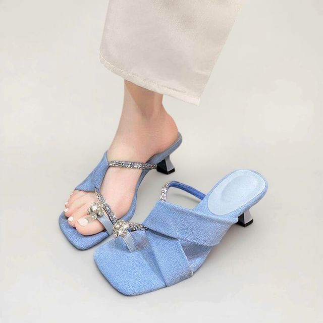 maryanette-Embellished Loop Toe Kitten Heel Slide Sandals