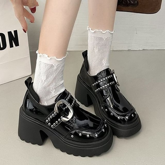 maryanette-Platform Block Heel Studded Loafers