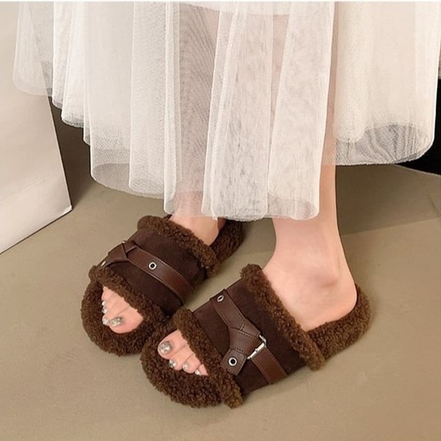 maryanette-Platform Fleece-Lined Buckled Slide Sandals