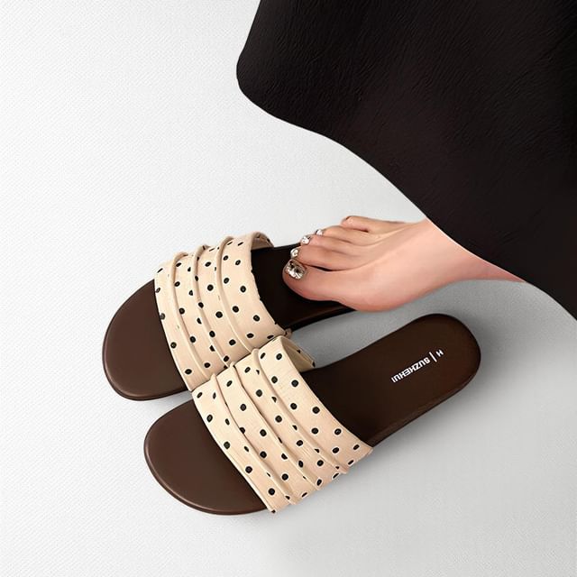 maryanette-Polka Dot Ruched Flat Slide Sandals