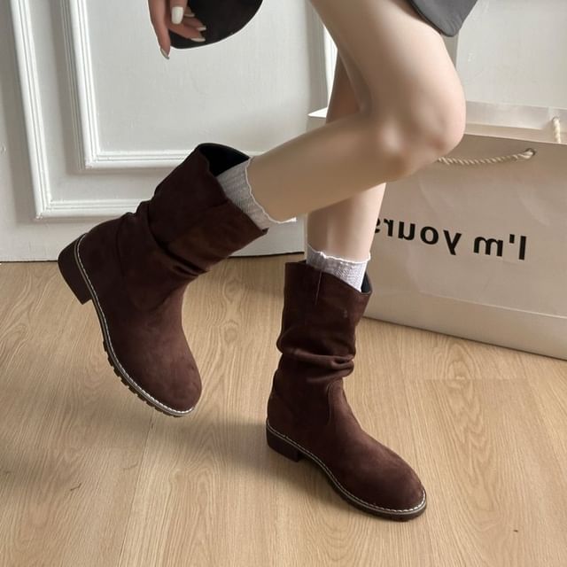 maryanette-Round Toe Ruched Mid-Calf Boots