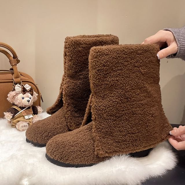maryanette-Round Toe Slit Fleece Short Boots