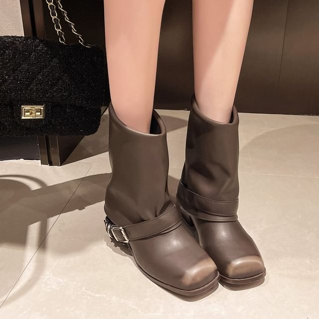 maryanette-Square Toe Chunky Heel Buckled Mid-Calf Boots