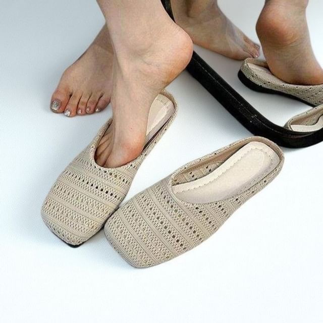 maryanette-Square Toe Plain Perforated Flat Mules