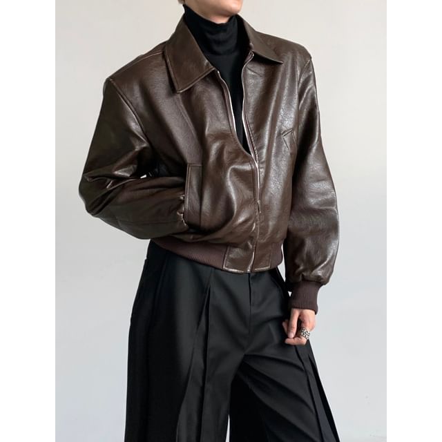 Maviyn-Collared Plain Faux Leather Oversized Zip Jacket