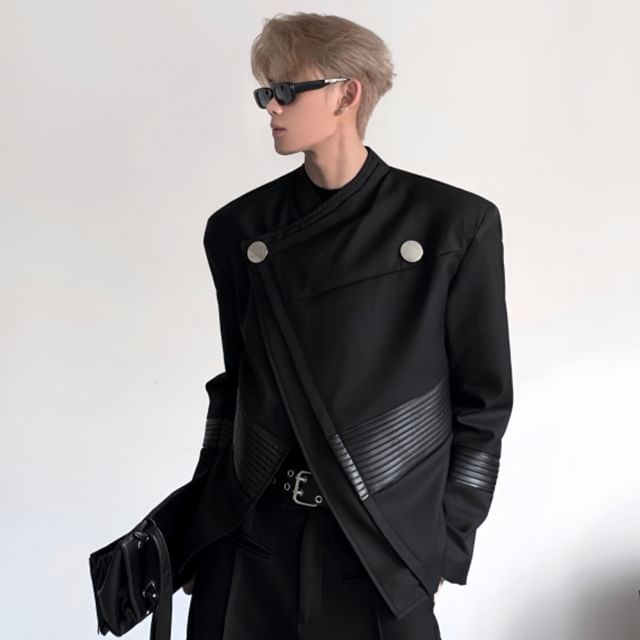 Maviyn-Faux Leather Panel Buttoned Jacket