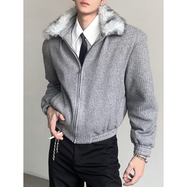 Maviyn-Fluffy Collared Plain Zip Knit Jacket