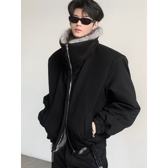 Maviyn-Fluffy Trim Plain Zip Bomber Jacket