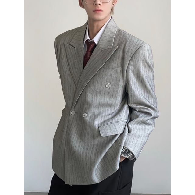 Maviyn-Lapel Collar Striped Double Breasted Blazer