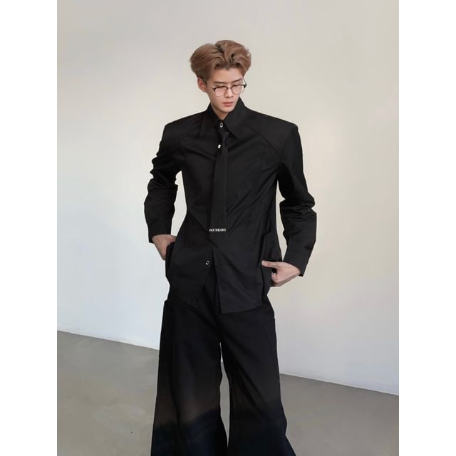 Maviyn-Long-Sleeve Collared Plain Button Up Shirt
