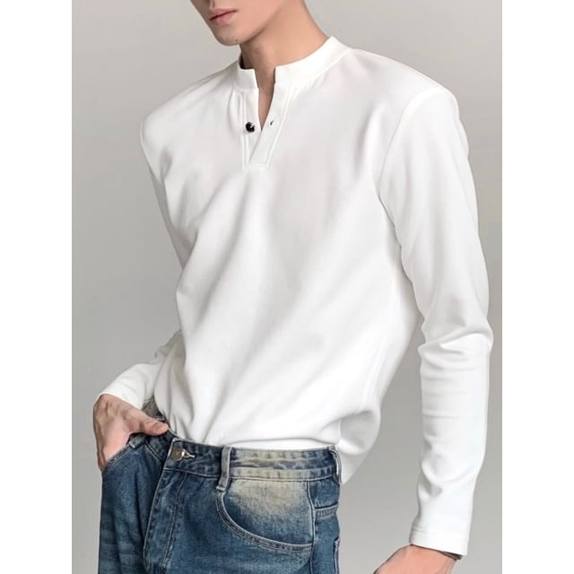 Maviyn-Long-Sleeve Henley Plain T-Shirt