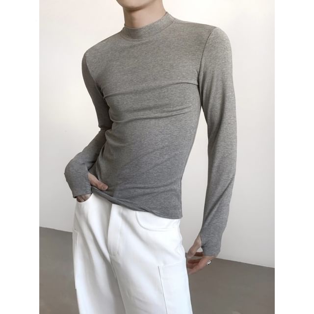 Maviyn-Long-Sleeve High Neck Plain T-Shirt