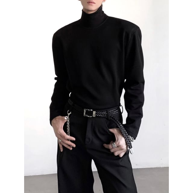 Maviyn-Long-Sleeve Mock Neck Plain T-Shirt