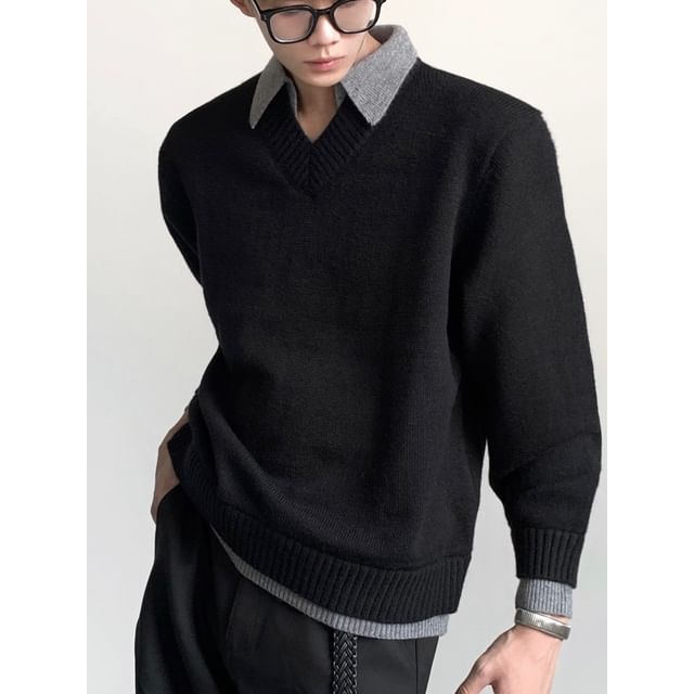 Maviyn-Mock Two-Piece Collar Two Tone Sweater