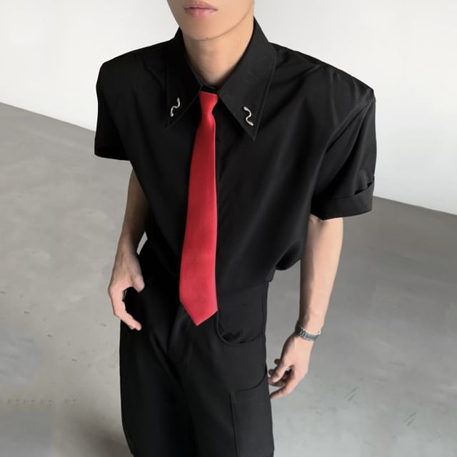 Maviyn-Short-Sleeve Plain Button-Up Shirt