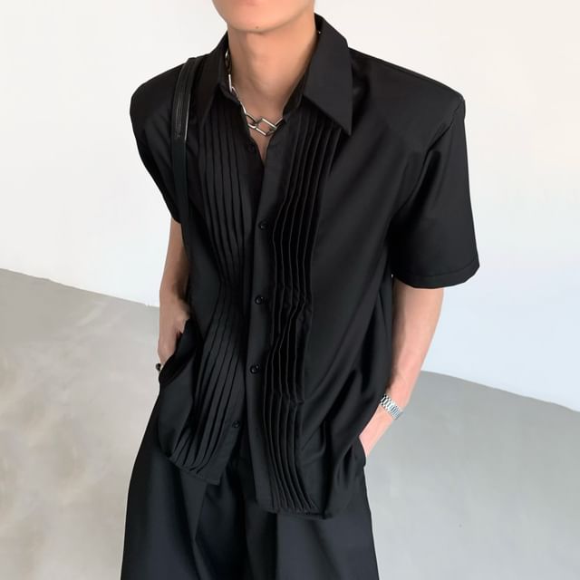Maviyn-Short-Sleeve Plain Pintuck Button-Up Shirt