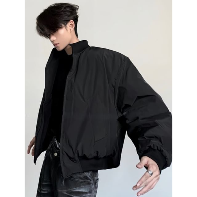 Maviyn-Stand Collar Plain Zip Bomber Jacket