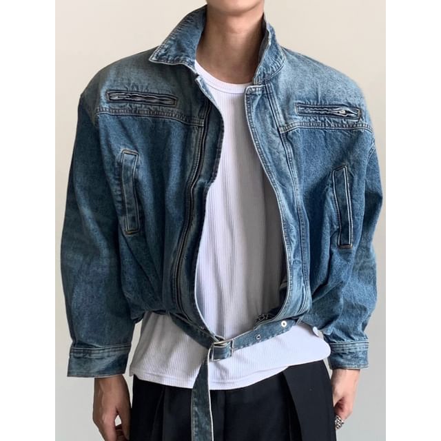 Maviyn-Stand Collar Washed Denim Buckled Zip Jacket