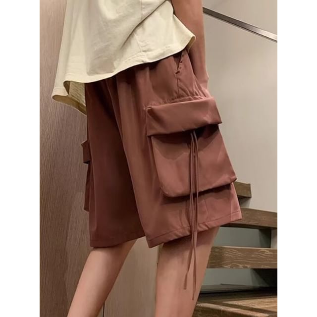 Maxelane-Drawstring Waist Plain Wide Leg Cargo Shorts