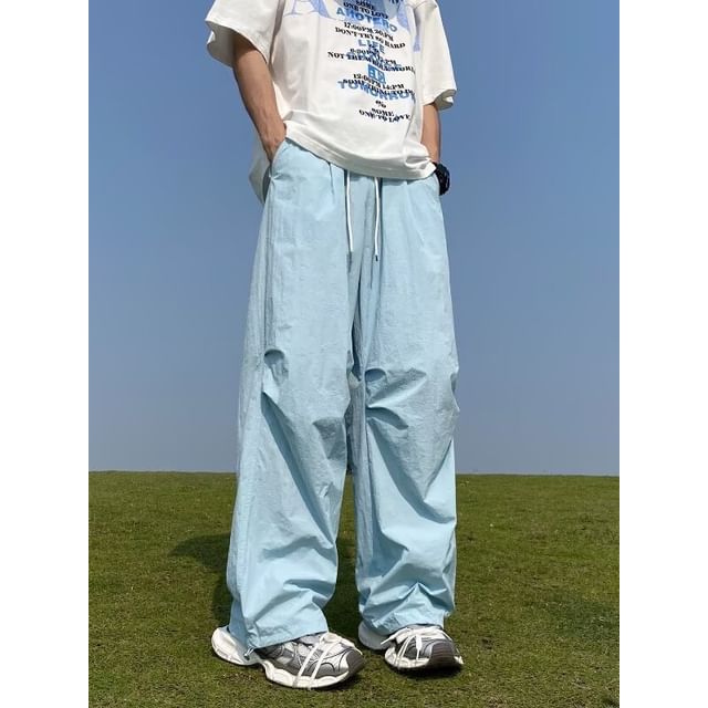 Maxelane-Drawstring Waist Plain Wide Leg Pants