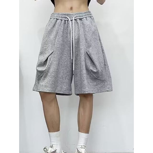 Maxelane-Drawstring Waist Plain Wide Leg Sweat Shorts