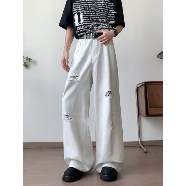 Maxelane-High Waist Distressed Wide Leg Jeans
