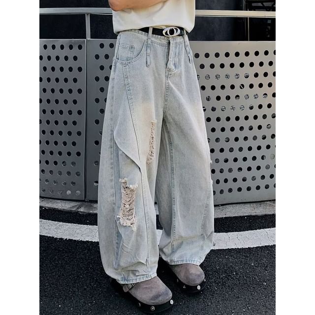 Maxelane-Mid Rise Washed Distressed Wide Leg Jeans