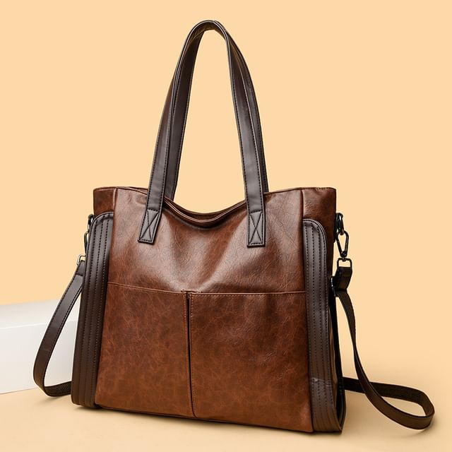 Mayanne-Genuine Leather Two-Tone Tote Bag