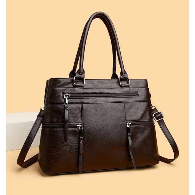 Mayanne-Leather Plain Zip Tote Bag