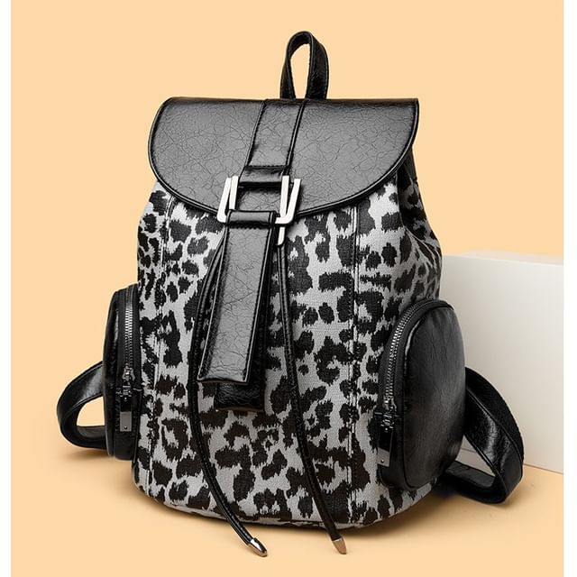 Mayanne-Leopard Print Genuine Leather Flap Backpack