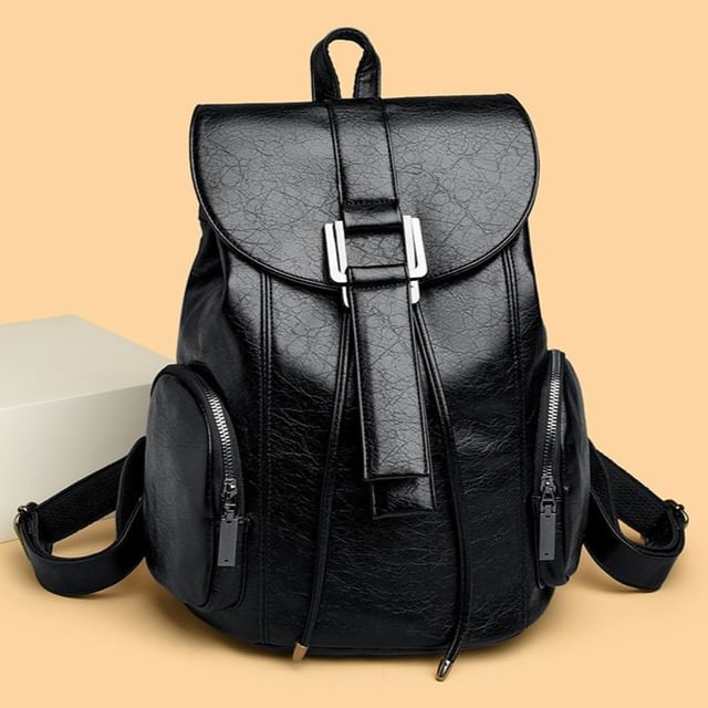 Mayanne-Plain Faux Leather Flap Backpack