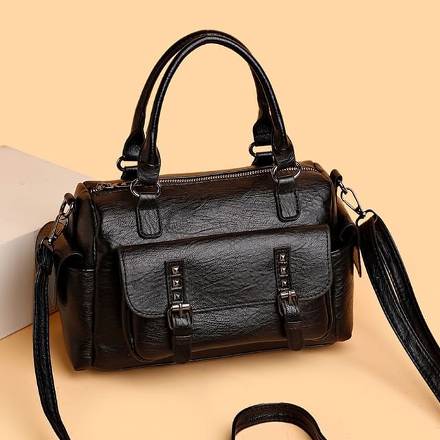 Mayanne-Plain Leather Studded Shoulder Bag