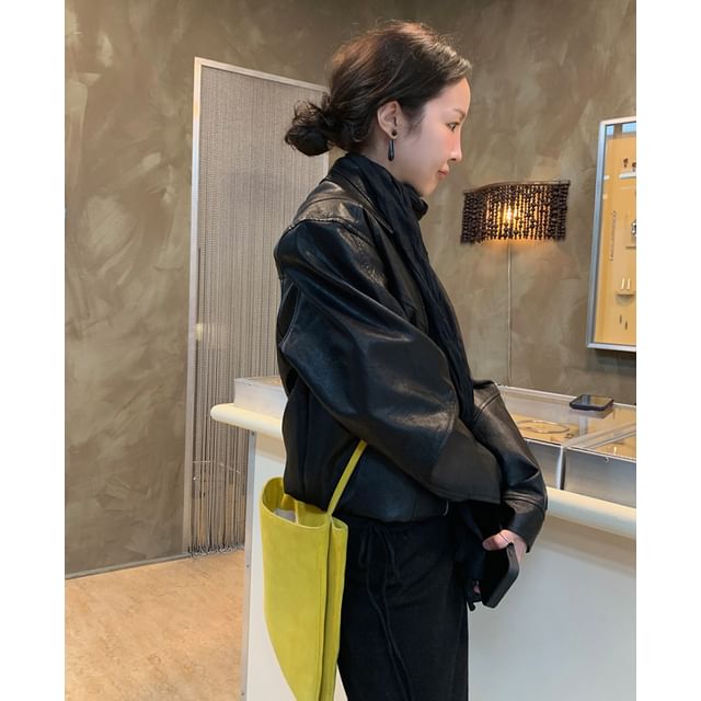 maybe-baby-Collared Pleather Bomber Jacket Black