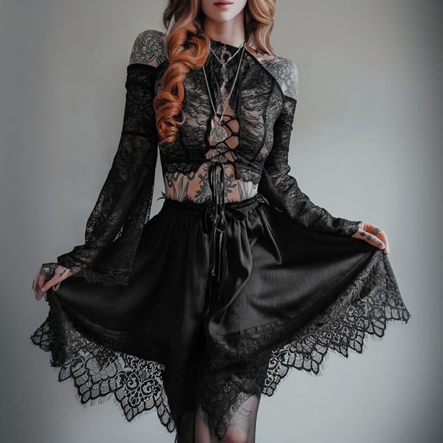 meadowdrop-Long-Sleeve Cold Shoulder Lace Crop Top