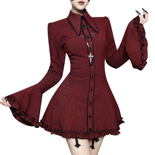 meadowdrop-Long-Sleeve Collared Gingham Frill Trim Button-Up Mini A-Line Dress