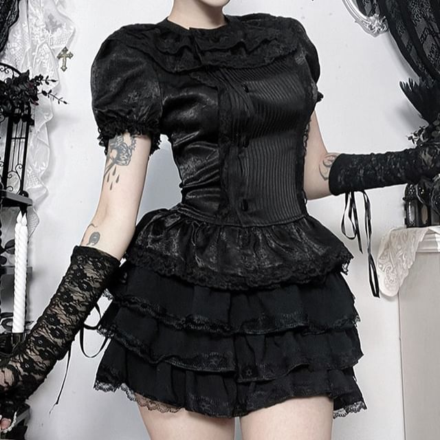 meadowdrop-Puff-Sleeve Crew Neck Lace Trim Ruffle Blouse