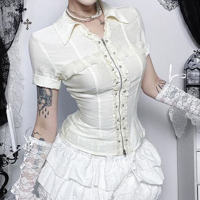 meadowdrop-Short-Sleeve Collared Frill Trim Studded Zip-Up Plain Blouse