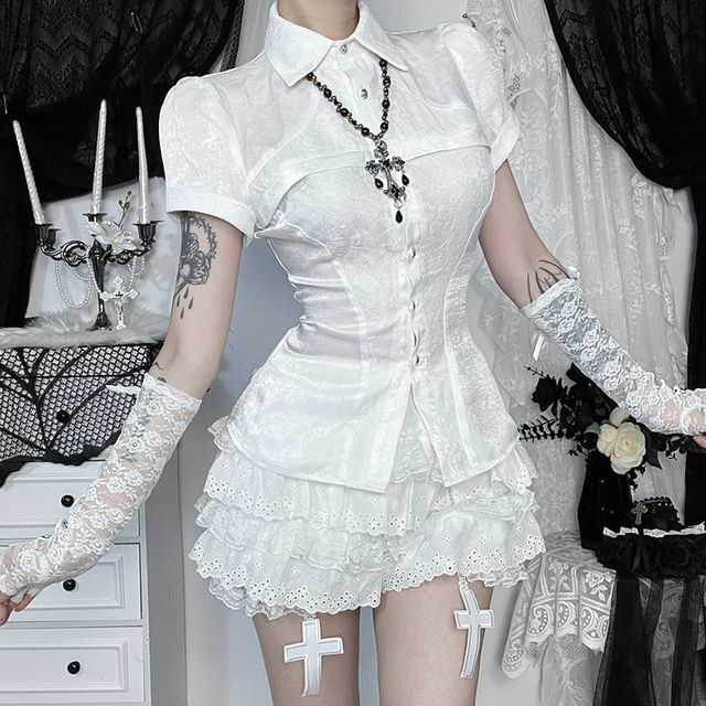 meadowdrop-Short-Sleeve Collared Lace Panel Button-Up Slim Fit Blouse