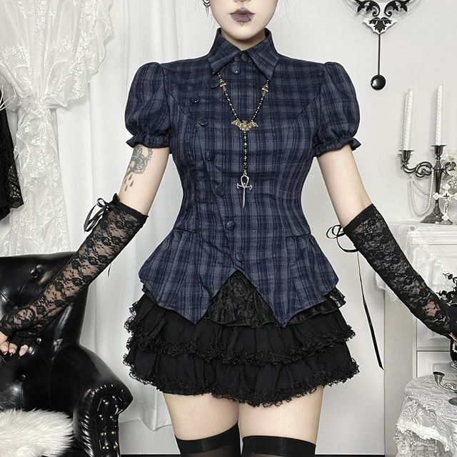 meadowdrop-Short Sleeve Collared Plaid Peplum Blouse