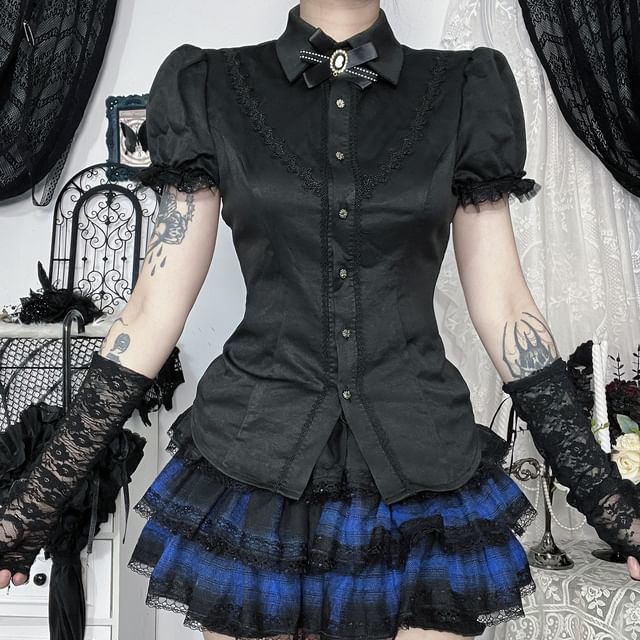 meadowdrop-Short-Sleeve Collared Plain Lace Trim Button Up Shirt