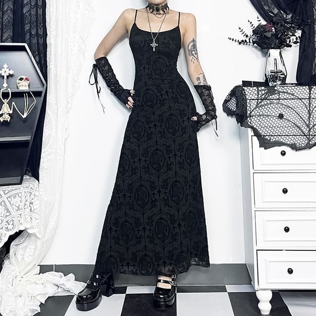 meadowdrop-Spaghetti Strap Lace Maxi A-Line Dress