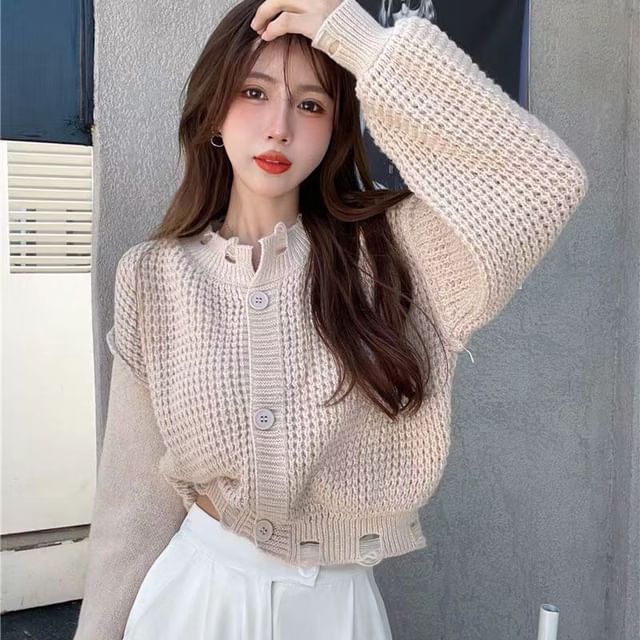 Meatacci-Crew Neck Distressed Button-Up Plain Crop Cardigan