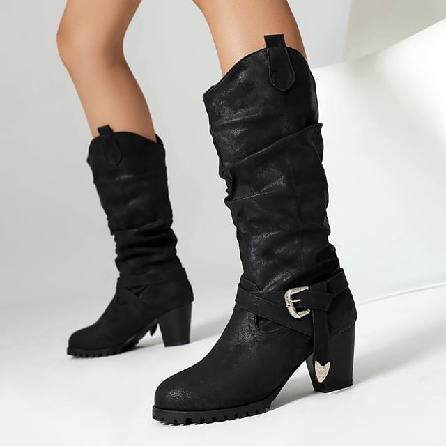 Megan-Belted Ruched Block Heel Mid Calf Boots