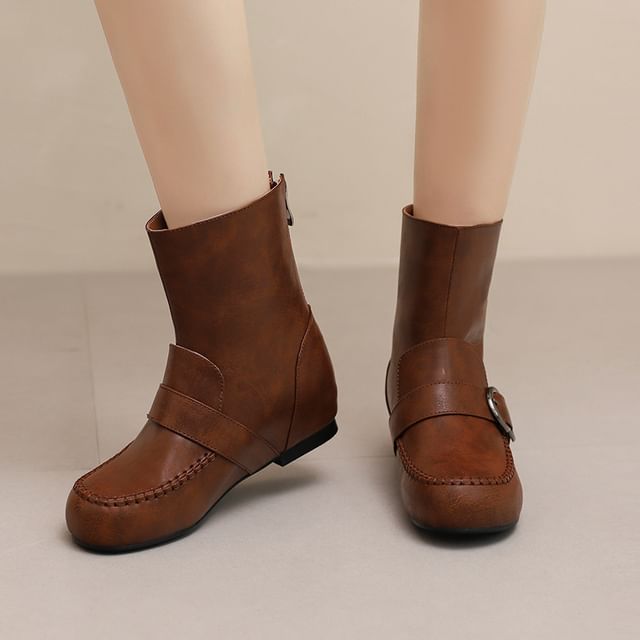 Megan-Buckled Hidden Wedge Panel Short Boots