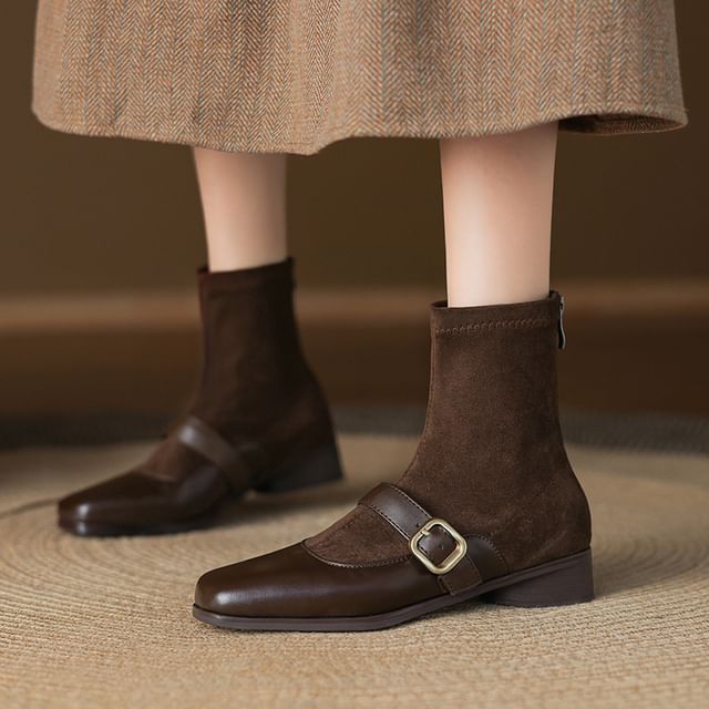 Megan-Buckled Panel Faux Suede Short Boots