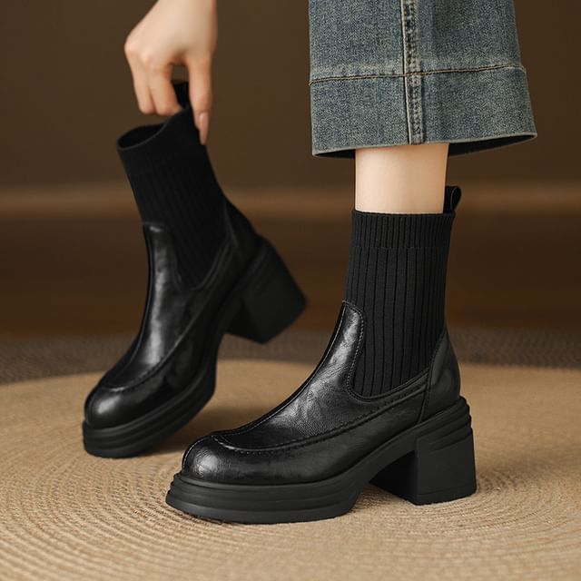 Megan-Chunky Heel Plain Short Sock Boots