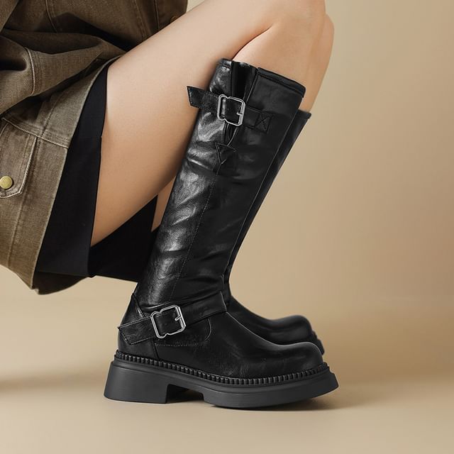 Megan-Faux Leather Buckled Platform Tall Boots