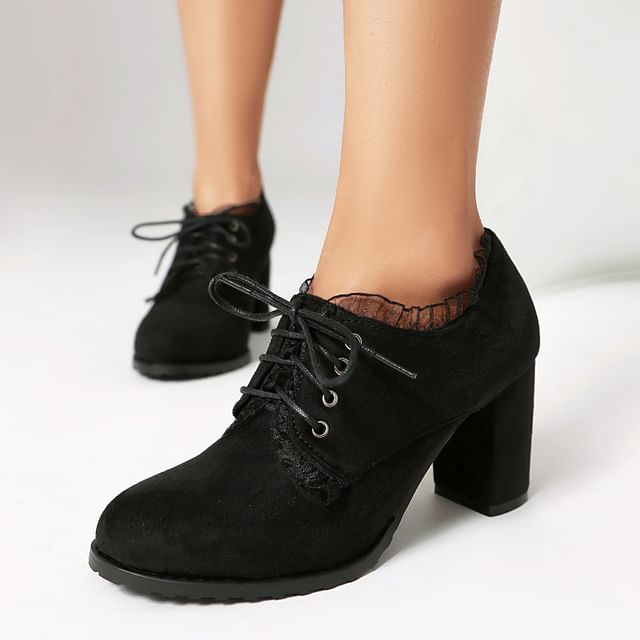 Megan-Frill Lace Up Block Heel Pumps